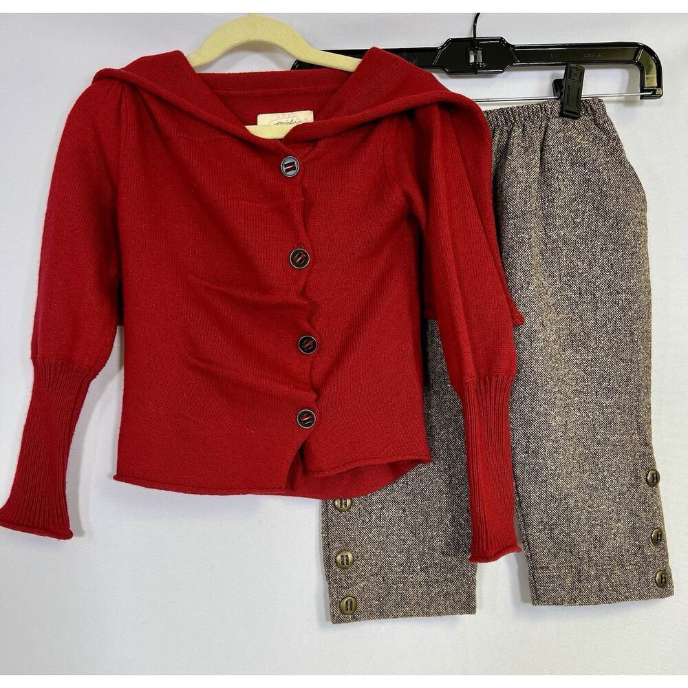 Persnickety Girls Red Cardigan And Brown Wool Blend Pants USA Made Size‎ 4